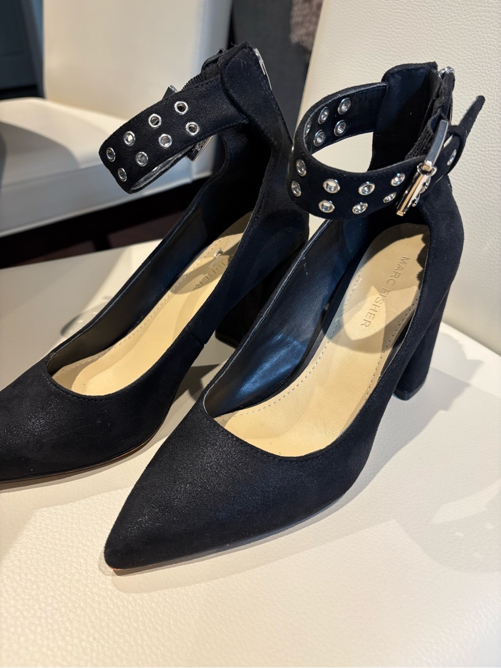 Marc Fisher Black Studded Ankle-Strap Block Heel Pumps